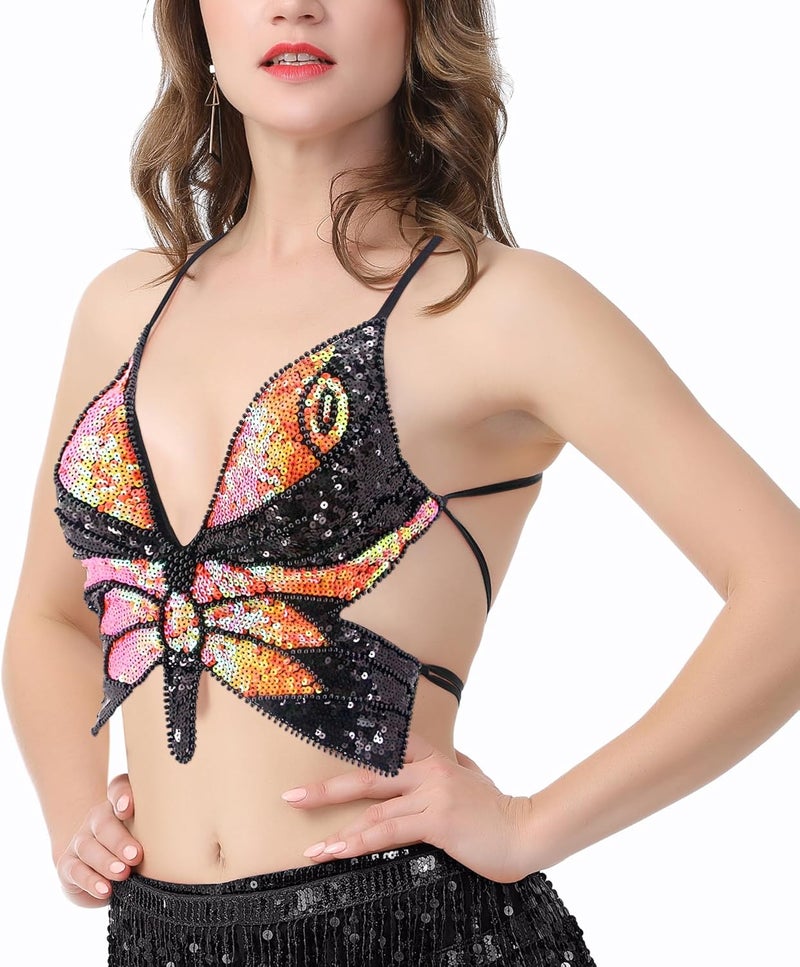 Mocure Womens Glitter Sequin Butterfly Crop Top Low-Cut Tank Top Rave Tube Vest Top for Belly Dance Costume Outfits - Image 3